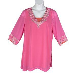 Bob Mackie NWT L Pink Embroidered Chiffon Tunic Embellished Top 3/4 Sleeve Artsy